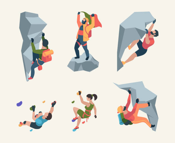 Wall climbers. Mountain rock climbers person sport team people healthy active lifestyle activities garish vector isometric collection Wall climbers. Mountain rock climbers person sport team people healthy active lifestyle activities garish vector isometric collection. Illustration rock climbing sport, bouldering and hiking rock climbing stock illustrations