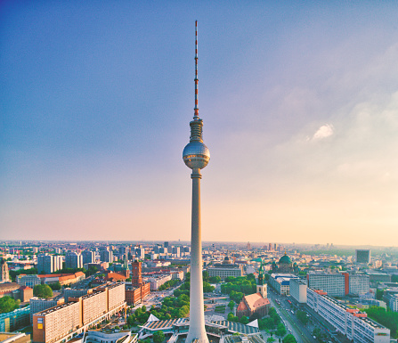 Looking at the famous Berlin TV tower or Fernsehturm, which is one of the landmarks of Berlin.