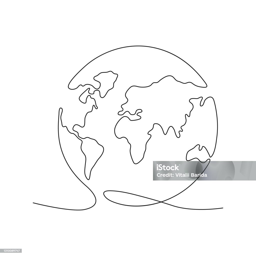 Continuous Earth line drawing symbol. Continuous Earth line drawing symbol. World map one line art. Earth globe hand drawn insignia. Stock vector illustration isolated on white background World Map stock vector