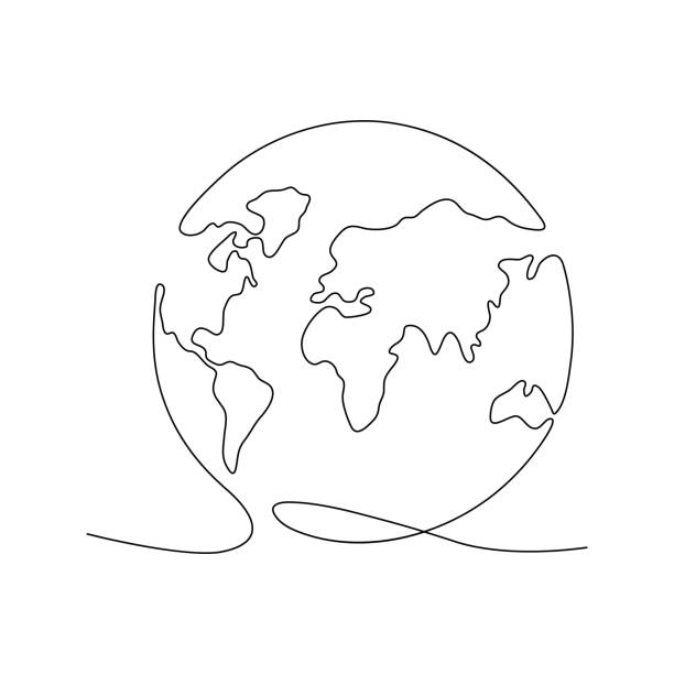Continuous Earth line drawing symbol. Continuous Earth line drawing symbol. World map one line art. Earth globe hand drawn insignia. Stock vector illustration isolated on white background international drawings stock illustrations