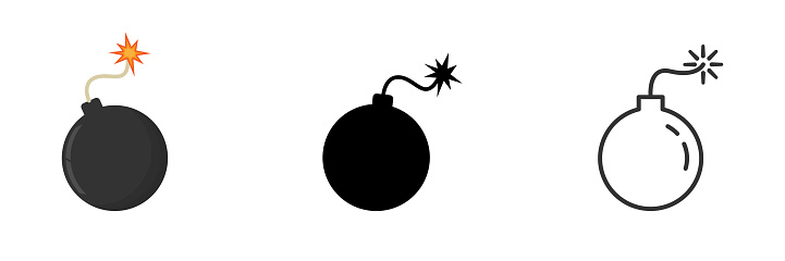 Bomb icon set. Boom symbol collection. Bombs with burning wick. Vector illustration isolated on white background.