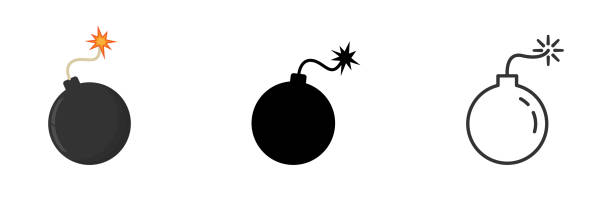 Bomb icon set. Boom symbol collection. Bomb icon set. Boom symbol collection. Bombs with burning wick. Vector illustration isolated on white background. bomb icon stock illustrations