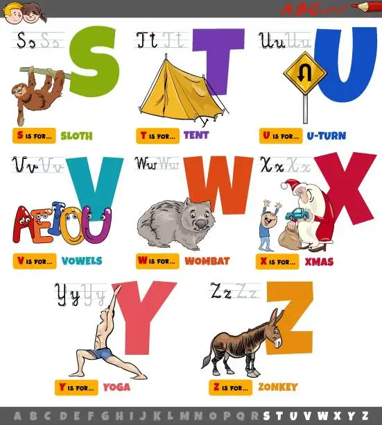 Vector illustration of educational cartoon alphabet letters for children set from S to Z