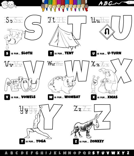 educational cartoon alphabet set from S to Z color book page Black and white cartoon illustration of capital letters alphabet educational set for reading and writing practice for elementary age children from S to Z coloring book page letter u with words stock illustrations