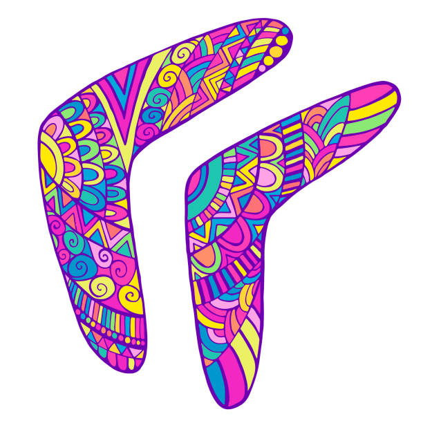 Colorful Set of decorative boomerang, isolated on white. Bright doodle style each boomerang with original ornament. Colorful Set of decorative boomerang, isolated on white. Bright doodle style each boomerang with original ornament. Boomerang primitive weapon on a white background. Vector hand drawn illustration. australian aboriginal art stock illustrations