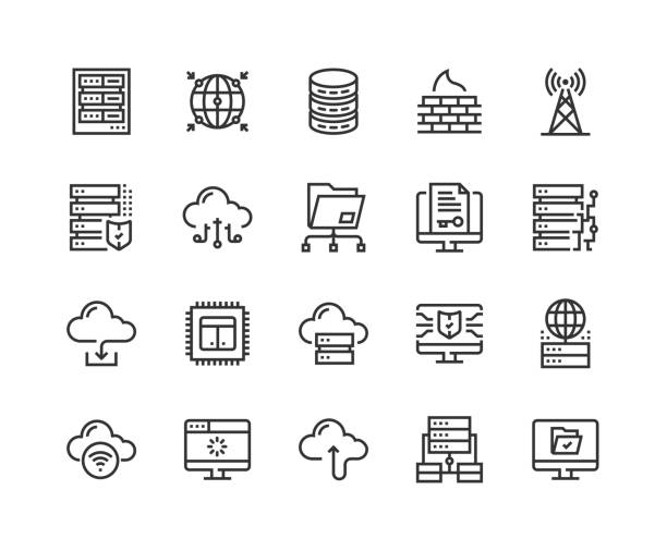 Web Hosting, Server, Global Network, Database, Network Firewall Icons Web Hosting, Server, Global Network, Database, Network Firewall, Wireless Antenna, Cloud Network, Data Protection, Cloud Hosting, Network Folder, File Access, Data structure, Upload, Download, Hardware, Cloud Storage, Cyber Security, Web Hosting, Data Center Icons mainframe computers stock illustrations