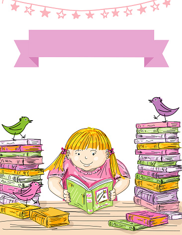 Cute flyer for an online childrens reading club. Layered for easier editing. You can move objects around by releasing the clipping mask on. the layer with the books