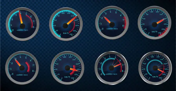 Vector illustration of Set of isolated car or moto, truck speedometer.  Realistic sensor panel with arrows. Vector scale of level gasoline, vehicle tachometer, car speedometer.