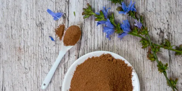 chicory or coffee or cocoa powder on small white plate with fresh little blue flowers