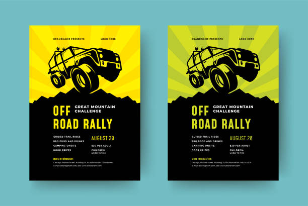 오프로드 트럭 경쟁 포스터 또는 전단지 이벤트 현대 타이포그래피 디자인 템플릿과 4x4 suv 자동차 실루엣 - 4x4 stock illustrations