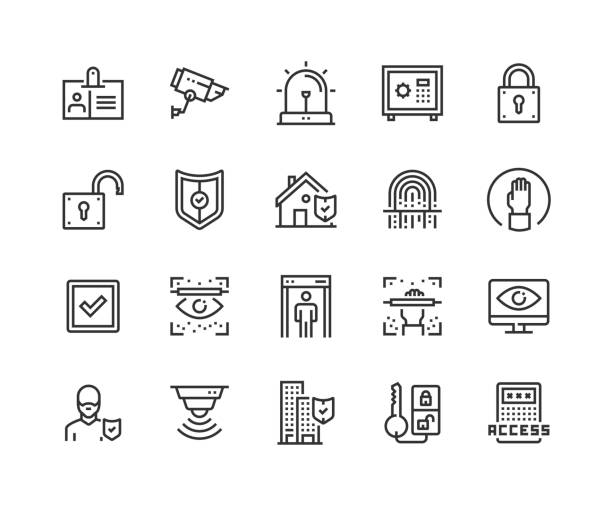 Security, Personal ID, Surveillance, Alarm, Safebox Icons Security, Personal ID, Surveillance, Alarm, Safe box, Locked, Security, Unlocked, Protection, Home Protection, Fingerprint Scanner, Forbidden Area, Remote Control Lock, Dependability,  Icons bank vault icon stock illustrations