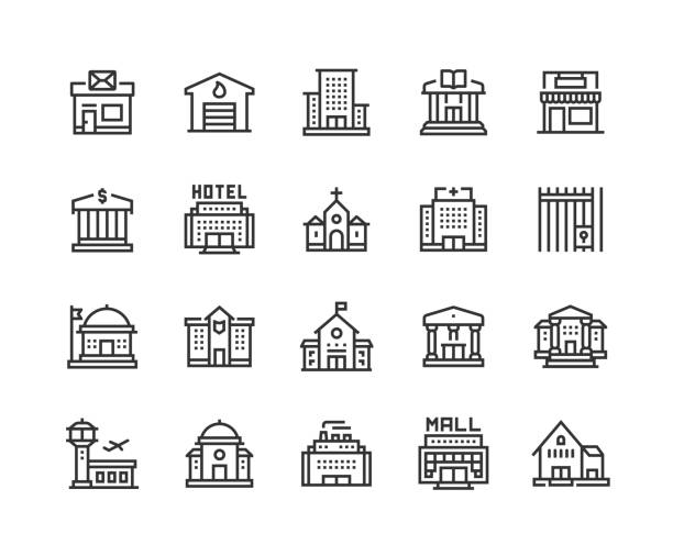 Public Buildings, Post Office, Fire Station, Office Center, Library, Store Icons Public Buildings, Post Office, Fire Station, Office Center, Library, Store, Airport, Bank, Hotel, Church, Hospital, Prison, Factory, Government, Police Station, School, Museum, Courthouse, Shopping Mall Icons post office stock illustrations