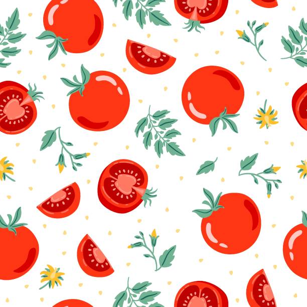 Red tomato seamless pattern vector illustration. Cut tomato, tomato slice, leaves, flowers and tomato seeds. Cartoon vegetable for fabric, tablecloth, kitchen textiles, for clothing, wrapping paper Red tomato seamless pattern vector illustration. Cut tomato, tomato slice, leaves, flowers and tomato seeds. Cartoon vegetable for fabric, tablecloth, kitchen textiles, for clothing, wrapping paper. tomato slice stock illustrations