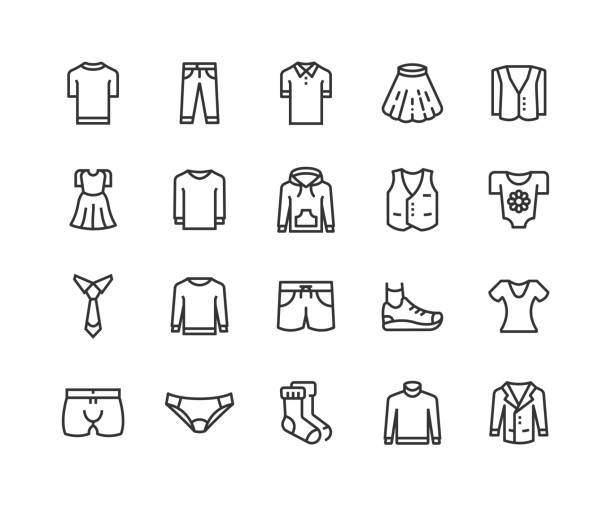 Pant, Dress, Shirt, T-Shirt, Shoes Icons Editable Icon Concepts. Pant, Dress, Shirt, T-Shirt, Shoes Icon Design white shirt black skirt stock illustrations