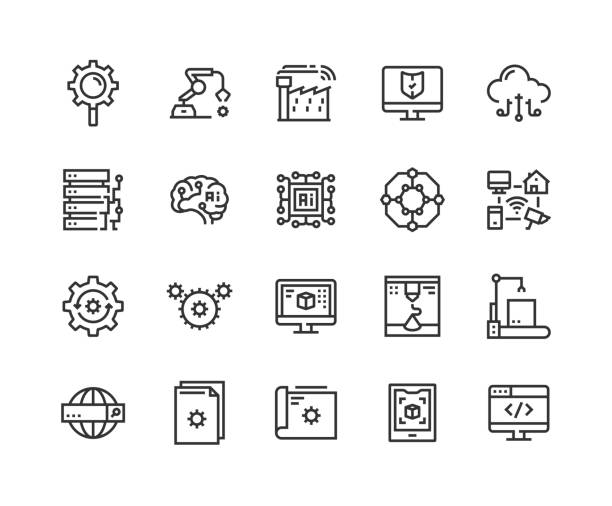 Industry, Optimization, Automation, Smart Factory, Cyber Security Icons Industry, Optimization, Automation, Smart Factory, Cyber Security, Cloud Computing, Data Management, Big Data, Artificial Intelligence, Connection, Nanotechnology, Internet of Things, Blueprint, Repeatability, System Integration, Simulation, 3d Printer, Manufacturing Process, Augmented Reality Icons blockchain clipart stock illustrations