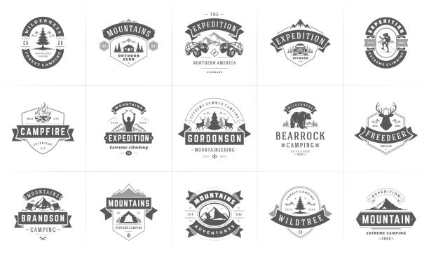 Camping emblems and badges templates vector design elements and silhouettes set Camping emblems and badges templates vector design elements and silhouettes set. Outdoor adventure mountains and forest camp vintage style emblems and emblems retro illustration. label silhouettes stock illustrations
