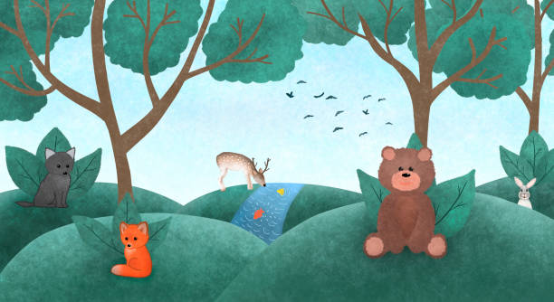 ilustrações de stock, clip art, desenhos animados e ícones de illustration of children's wallpaper with forest animals: bear, deer, fox, wolf, hare. watercolour grunge fairy forest - paintings landscape fairy tale painted image