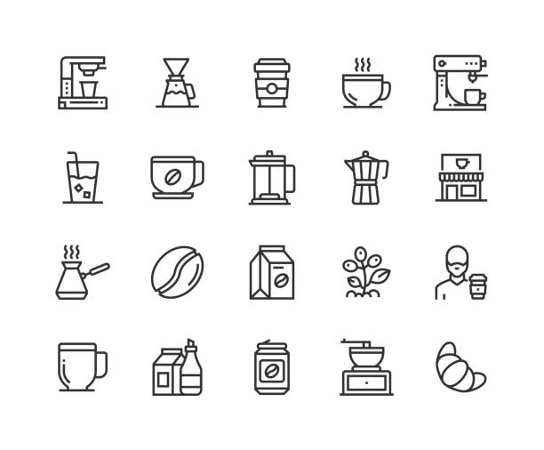 kawa, dripper kawy, ziarno kawy, ekspres do kawy, ikony dzbanka do kawy - horizontal pouring nobody coffee cup stock illustrations