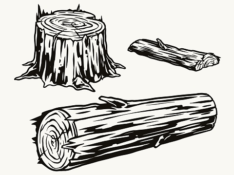 Wood logs and stump concept in vintage monochrome style isolated vector illustration