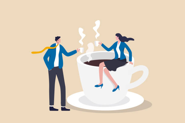 Coffee break, business discussion while having coffee or brainstorming after meeting break concept, businessman and businesswoman colleague take a break having coffee and have a chat. Coffee break, business discussion while having coffee or brainstorming after meeting break concept, businessman and businesswoman colleague take a break having coffee and have a chat. coffee break stock illustrations