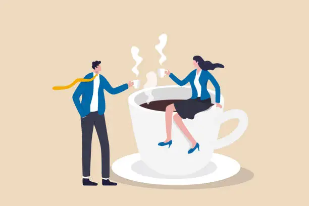 Vector illustration of Coffee break, business discussion while having coffee or brainstorming after meeting break concept, businessman and businesswoman colleague take a break having coffee and have a chat.