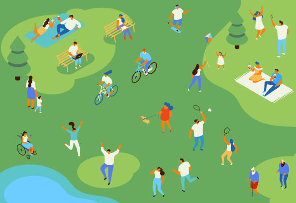 People in park leisure and outdoor activity. Family picnic and summer rest. People in park leisure and outdoor activity. City park isometric icons of people environment healthy lifestyle people food stock illustrations