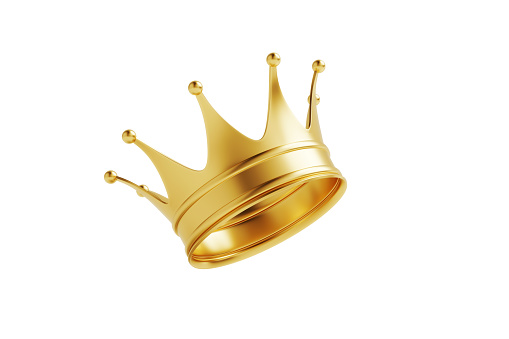 Gold crown isolated on white background. Horizontal composition with clipping path and copy space. Luxury and award concept.
