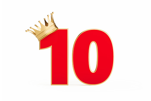 Number ten wearing gold crown isolated on white background. Horizontal composition with clipping path and copy space.