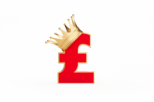 British pound symbol wearing gold crown isolated on white background. Horizontal composition with clipping path and copy space. Finance and currency exchange concept.