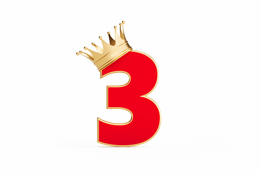 Number three wearing gold crown isolated on white background. Horizontal composition with clipping path and copy space.