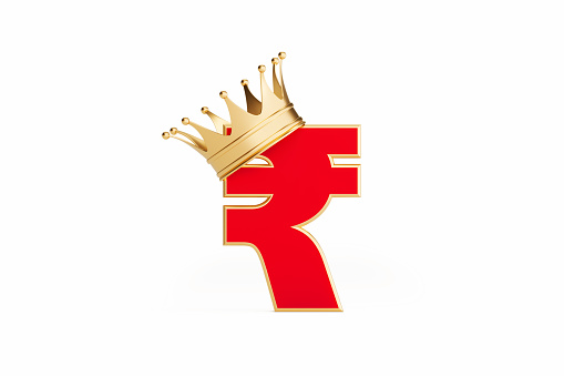 Indian Rupee symbol wearing gold crown isolated on white background. Horizontal composition with clipping path and copy space. Finance and currency exchange concept.