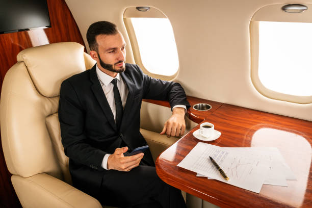 istock Businessman flying on private jet 1310109568