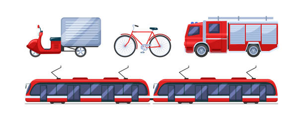 ilustraciones, imágenes clip art, dibujos animados e iconos de stock de conjunto de transporte urbano. transporte público de coches: scooter, moto, motocicleta, bicicleta, tranvía, vector de dibujos animados de coches de motor de incendios - trolebús