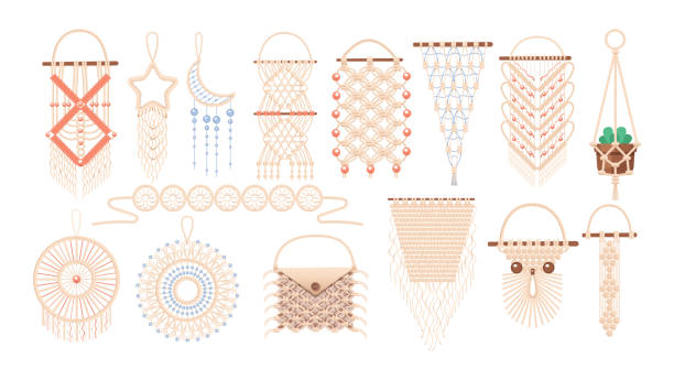 ilustrações de stock, clip art, desenhos animados e ícones de macrame wall hanging design, braided decorative ornaments. boho, ethnic handmade knitted pattern. knitted jewelry and home accessories isolated on white background - scandic