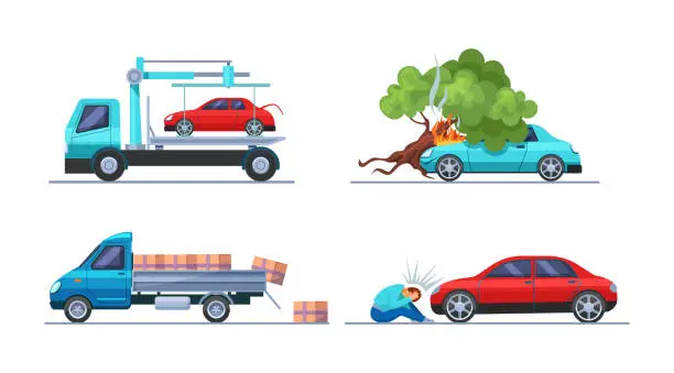 Vector illustration of Road traffic accident. Car damaged vehicle transportation. Tow truck takes the car. Cargo spilled out of car. Collision hitting an man. Auto accident, motor vehicle crash