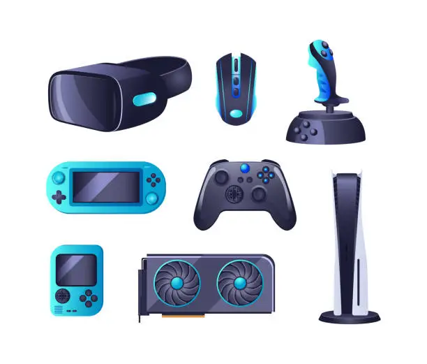 Vector illustration of Gaming accessories and professional IT equipment set. Headset with mic, gaming chair, monitor, steering wheel, virtual reality glasses, playing joystick, video console, headphone, mouse