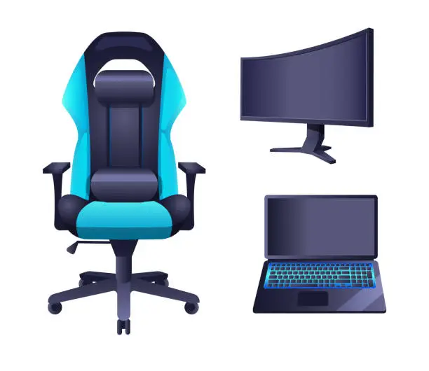 Vector illustration of Gaming accessories and professional IT equipment set. Gaming armchair, modern monitor and norepad for game. Ergonomic chair front view. Gamer accessories and equipment