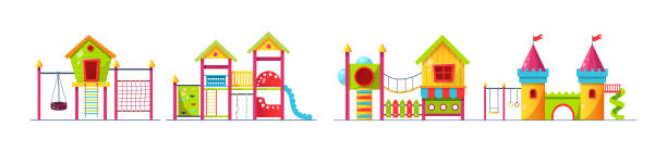 Children playground set. Children's amusement outdoor park, with attractions, carousels, children slide, teeter board, playhouses with slides and swings, labyrinths Children playground set. Children's amusement outdoor park, with attractions, carousels, children slide, teeter board, playhouses with slides and swings, labyrinths flat cartoon vector playhouse stock illustrations