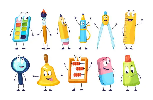 Vector illustration of School funny office supplies characters. School stationery mascots with smile faces compass, book, marker, pen, backpack, eraser, globe, paints, calculator. Happy education supplies