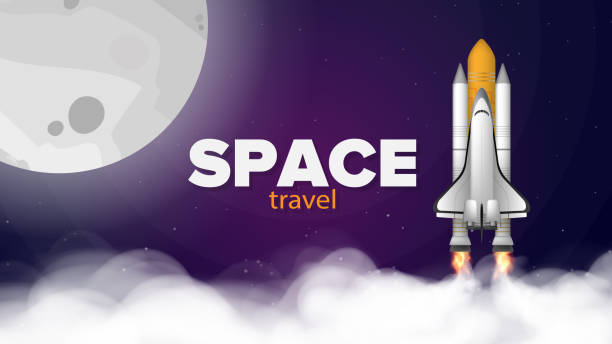 旅行スペース。宇宙飛行をテーマにした紫色のバナー。スペースシャトル。戦闘機。ロケットキャリアが離陸します。 - rocket taking off spaceship space点のイラスト素材／クリップアート素材／マンガ素材／アイコン素材