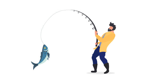 illustrazioni stock, clip art, cartoni animati e icone di tendenza di il pescatore sta pescando. un uomo con una canna da pesca tira un grosso pesce. concetto di pesca. isolato. vettore. - level rod