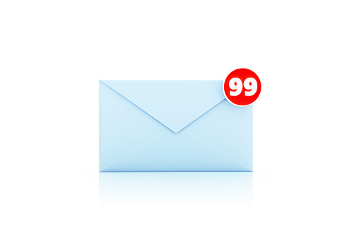 Blue envelope with number 99 sitting at its upper right corner sitting on white background. Horizontal composition with copy space. E-mail and spam concept.