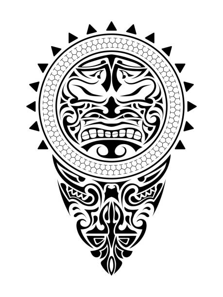 illustrazioni stock, clip art, cartoni animati e icone di tendenza di maschera polinesiana per il design del tatuaggio. maschere spaventose nell'ornamento nativo polinesiano. illustrazione vettoriale isolata - polynesia