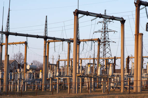 istock Wire line transmission electron. Power transmission substation 1310110852