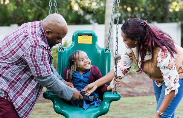 istock Parents, daughter with disability playing in swing 1310113020