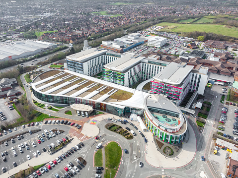 Kings Mill Hospital Mansfield Nottingham 30.3.2021 Modern new NHS building colourful architecture aerial view drone photography of emergency medical centre health care. England, UK.