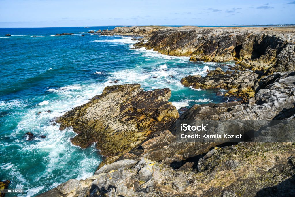 "nBeautiful sea, oceanic landscape, wild ocean coast in France. Lorient Stock Photo