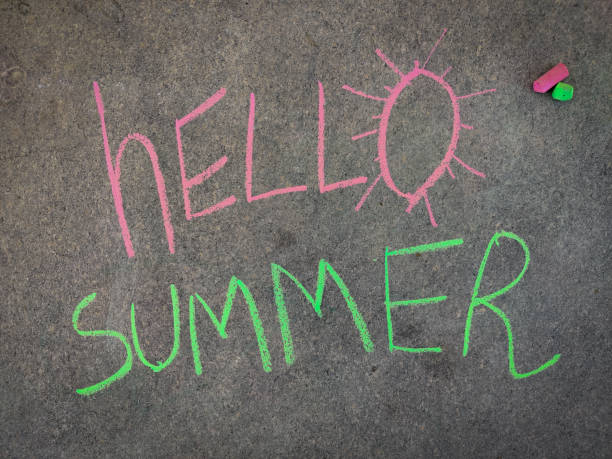 istock The inscription text on the grey board, Hello Summer. Using color chalk pieces. 1310114776