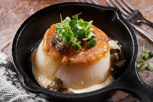 Jumbo Pan Seared Diver Scallops with Roasted Cauliflower Puree and a Brown Butter Caper Sauce