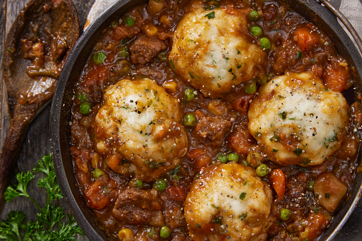 Beef Stew and Dumplings with Potatoes, Green Peas, Celery, Onions and Carrots